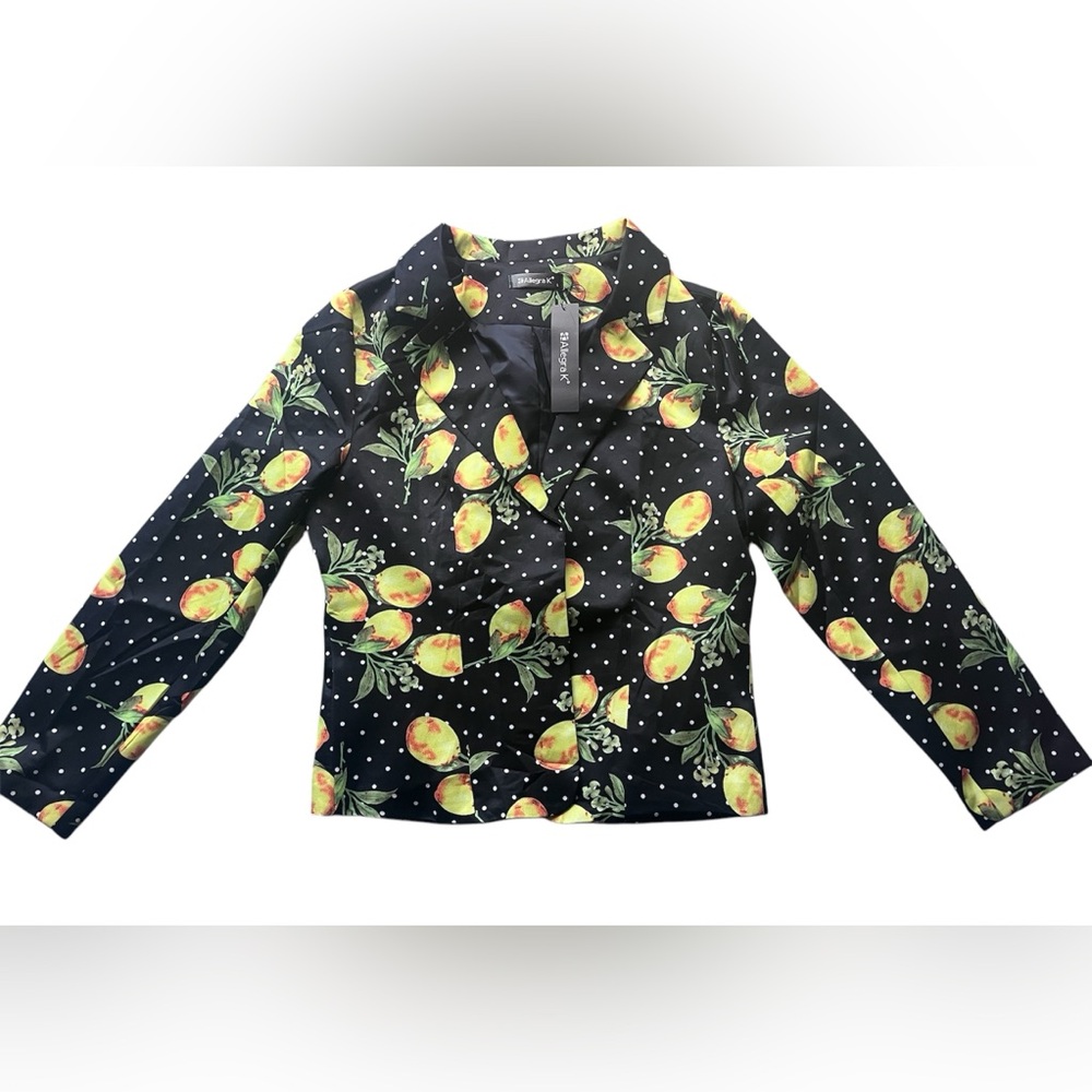 Allegra K Lemon Floral Print Black and Yellow Blazer Size L